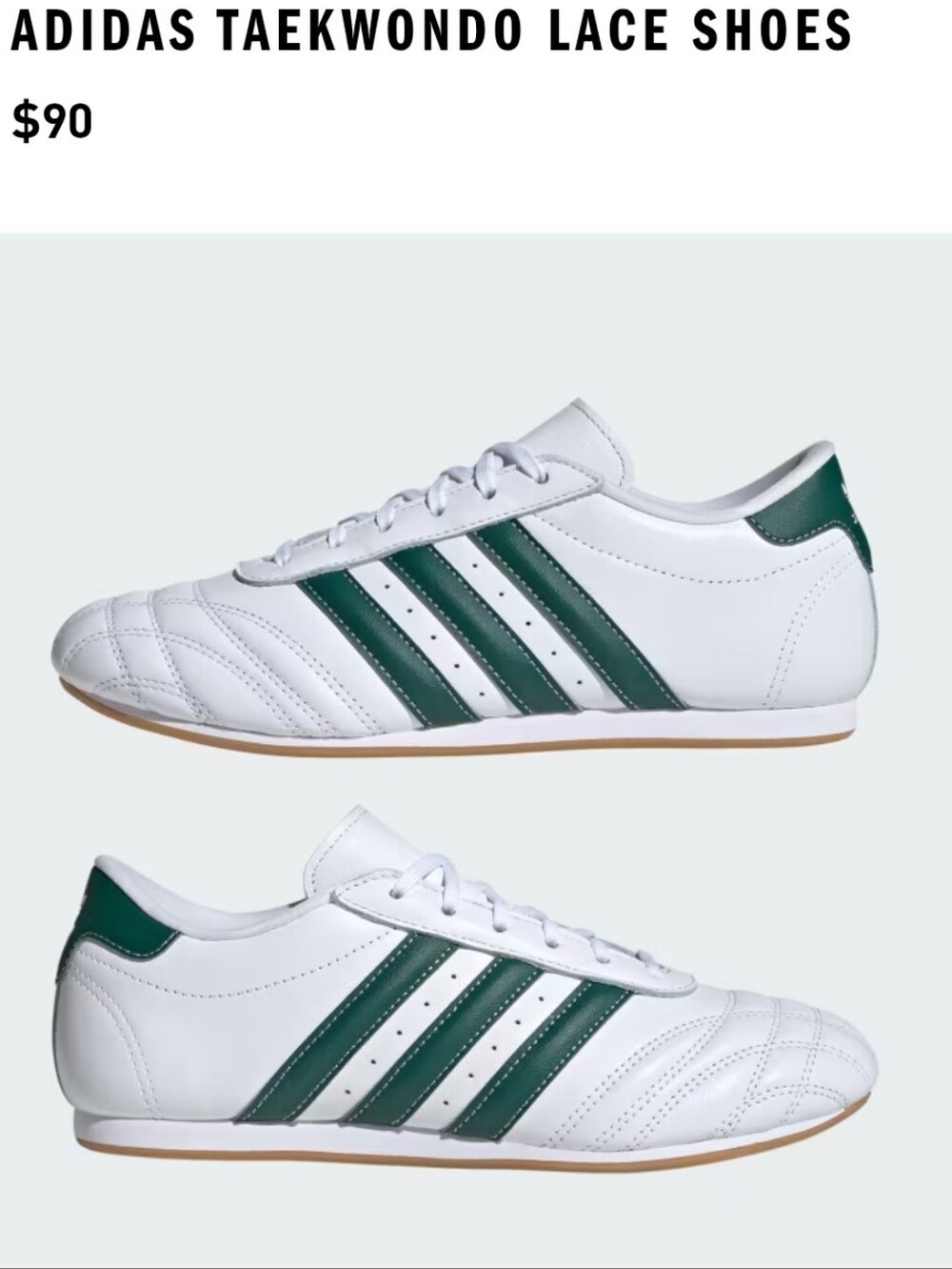 NWT Unisex adidas Taekwondo Lace Shoes — White with Green Stripes - Picture 3 of 11